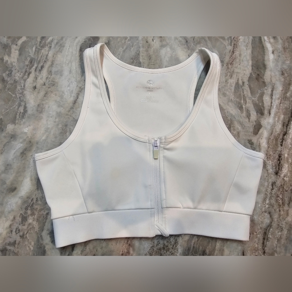 Adrienne Vittadini Sport Zip Front White Sports Bra Medium